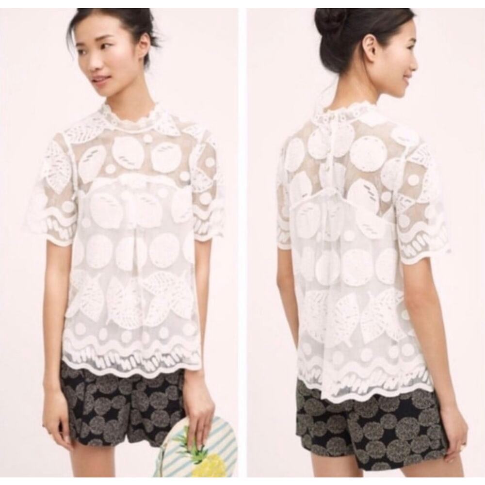 HD in Paris Anthropologie White Eyelet Floral Blouse Spring Lightweight Size 8